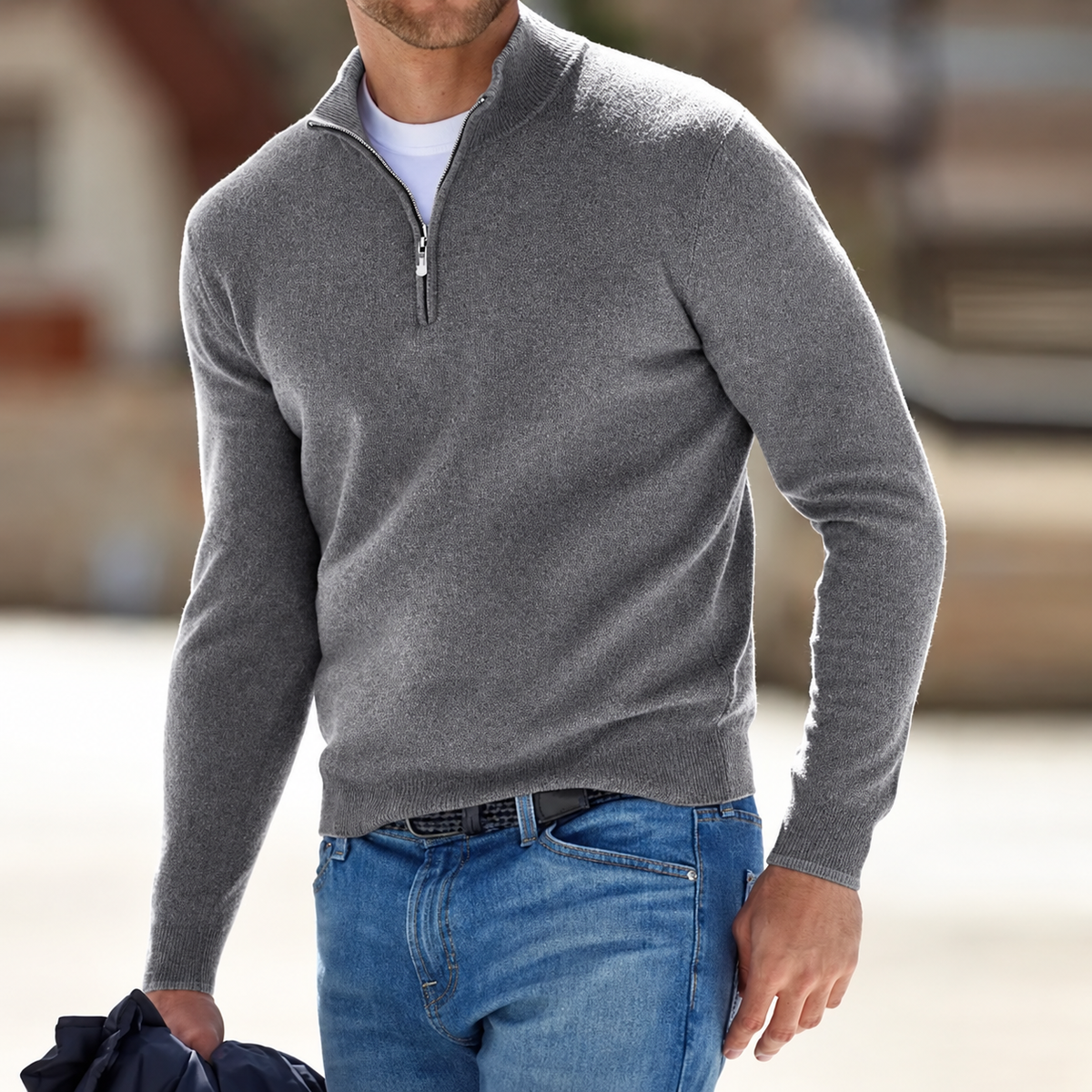 Herren Kaschmir Pullover Mit Reißverschluss Langärmeliger
