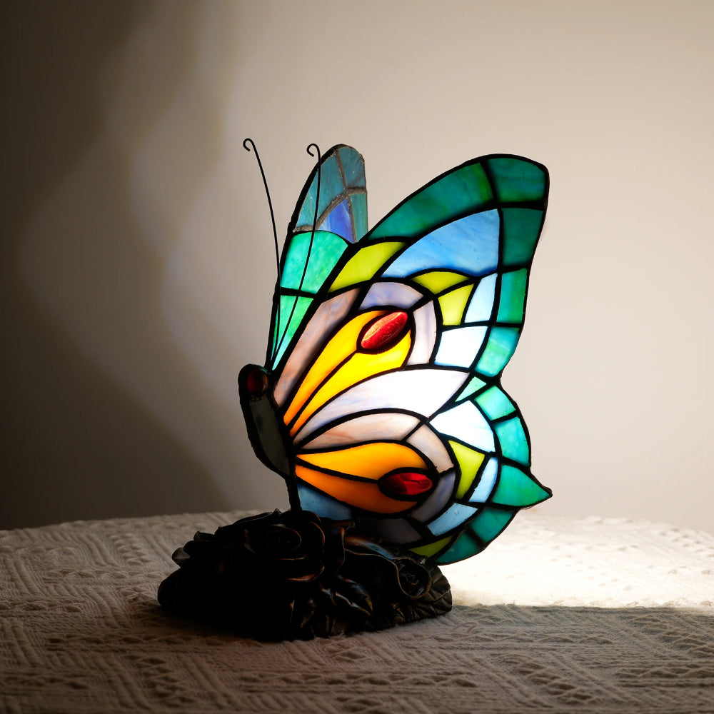 Vintage Tischlampe Buntglas Schmetterling Nachttischlampe