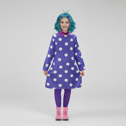 Vestido morado con lunares para disfraz infantil de carnaval y Halloween