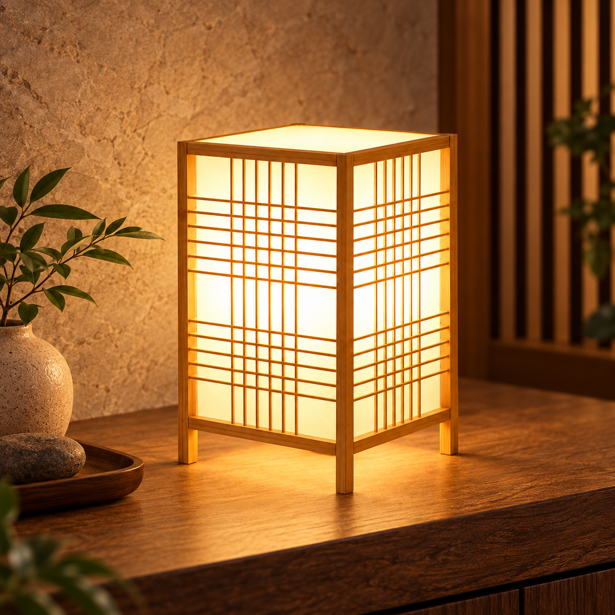 Japanische Tischlampe Handgemachte Holzsockel
