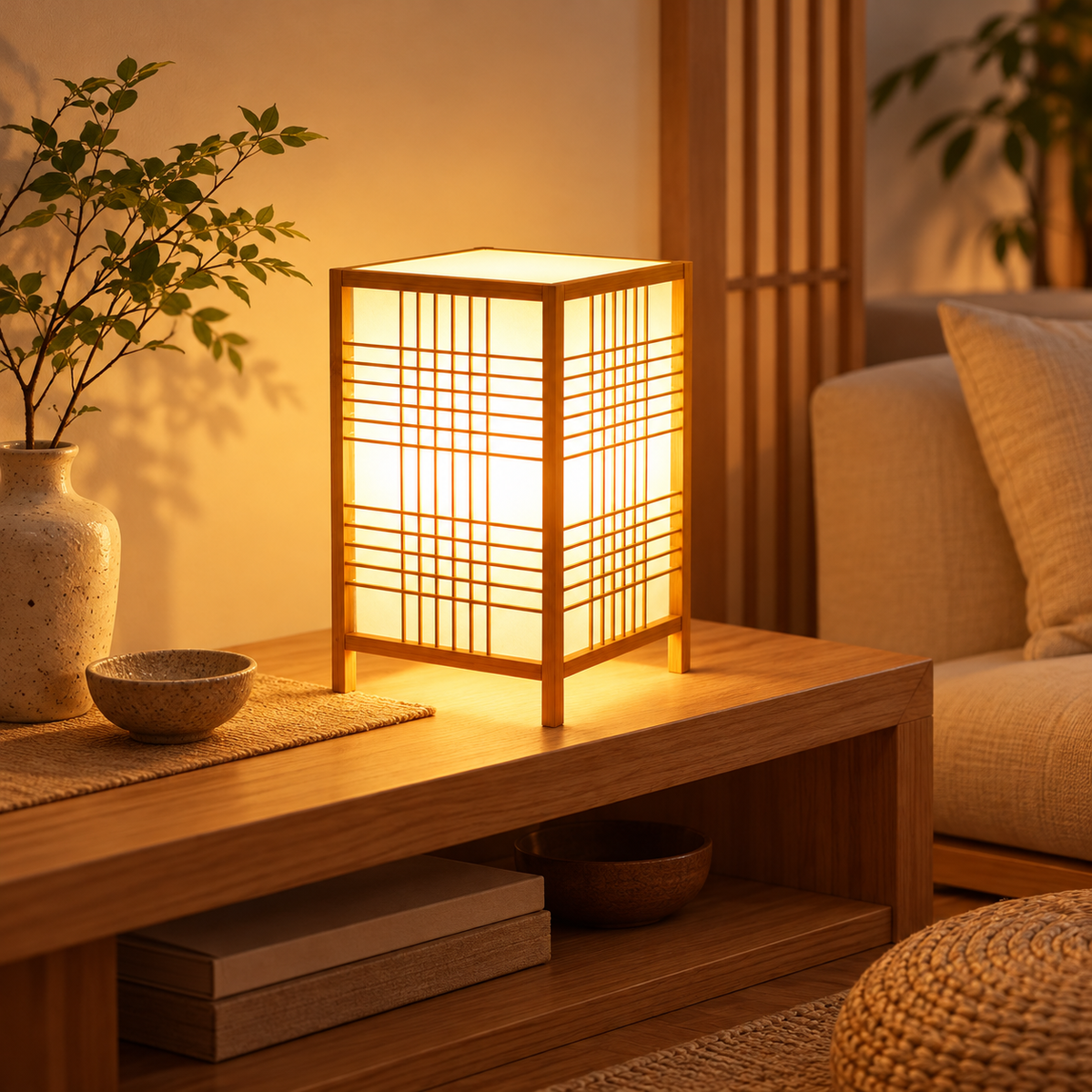 Japanische Tischlampe Handgemachte Holzsockel