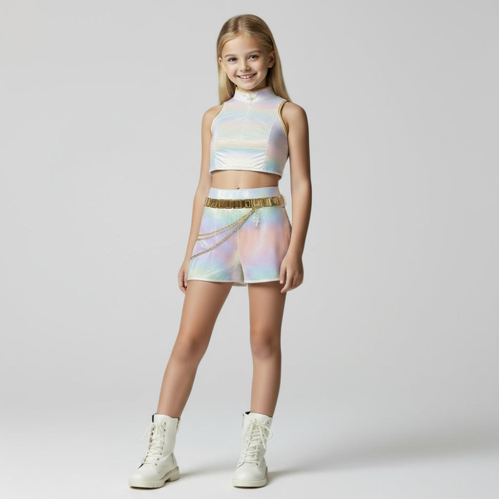 Costume de danse enfant brillant en cuir PU blanc