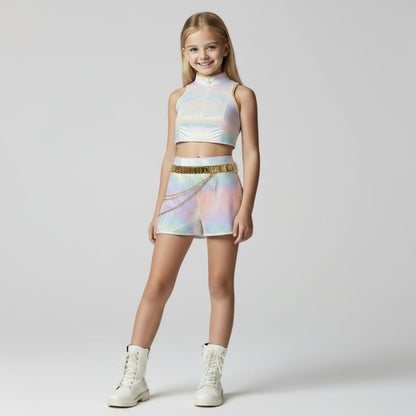 Costume de danse enfant brillant en cuir PU blanc