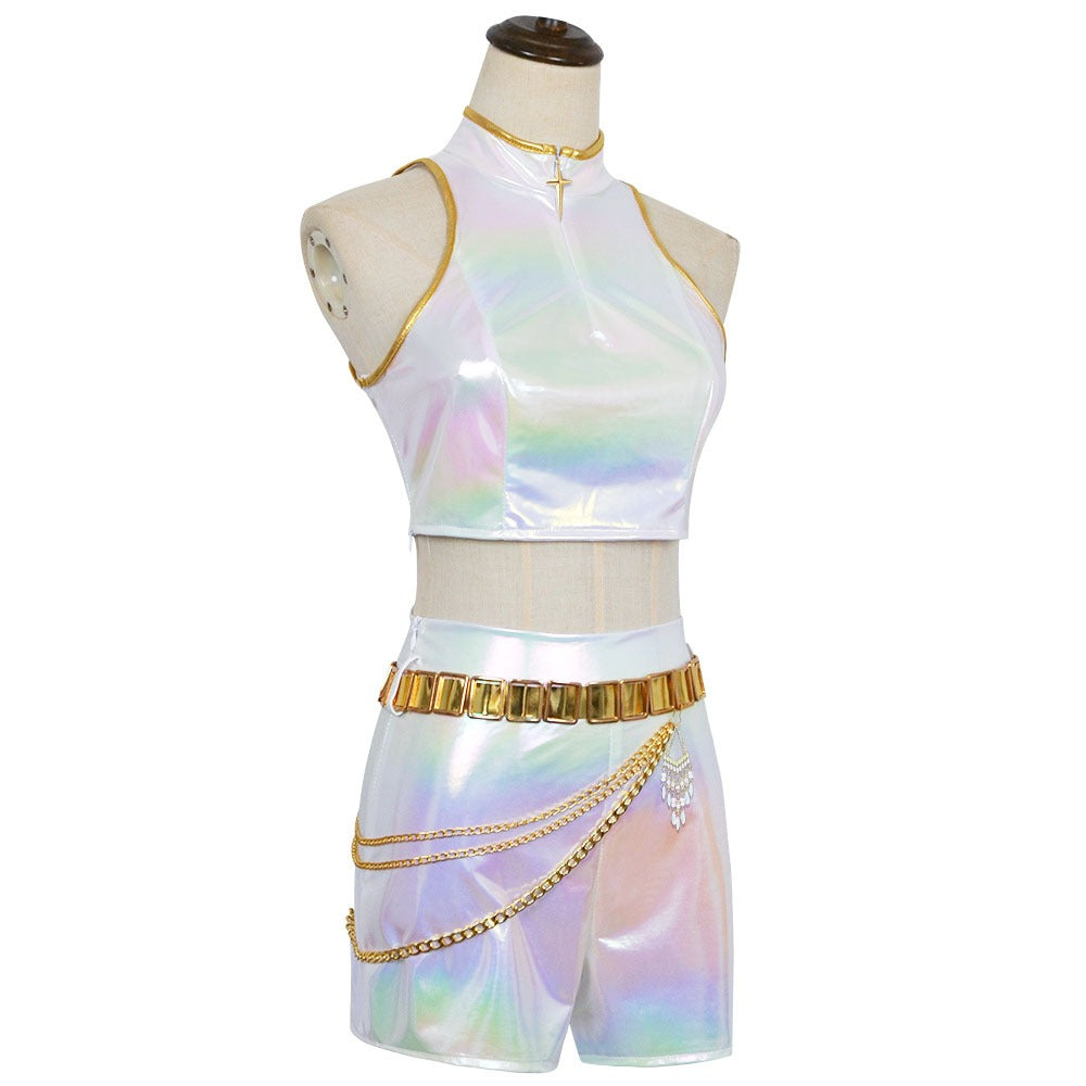 Costume de danse enfant brillant en cuir PU blanc