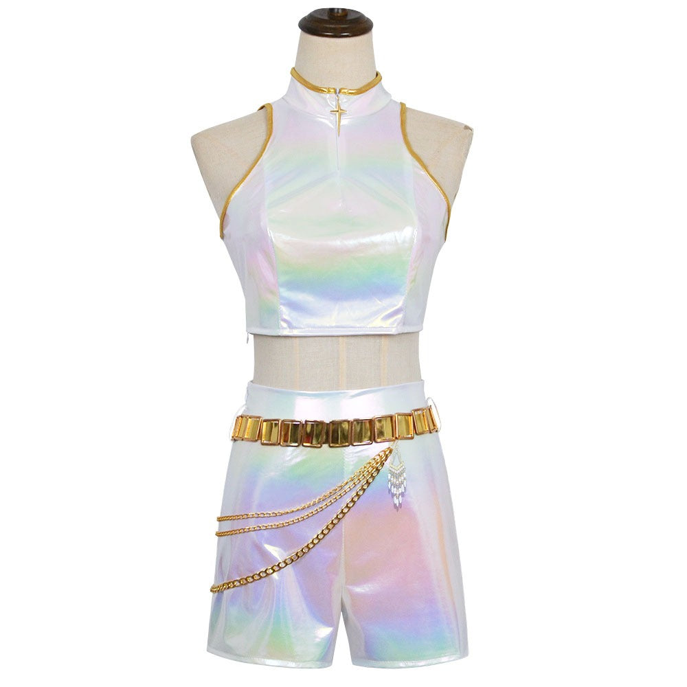 Costume de danse enfant brillant en cuir PU blanc