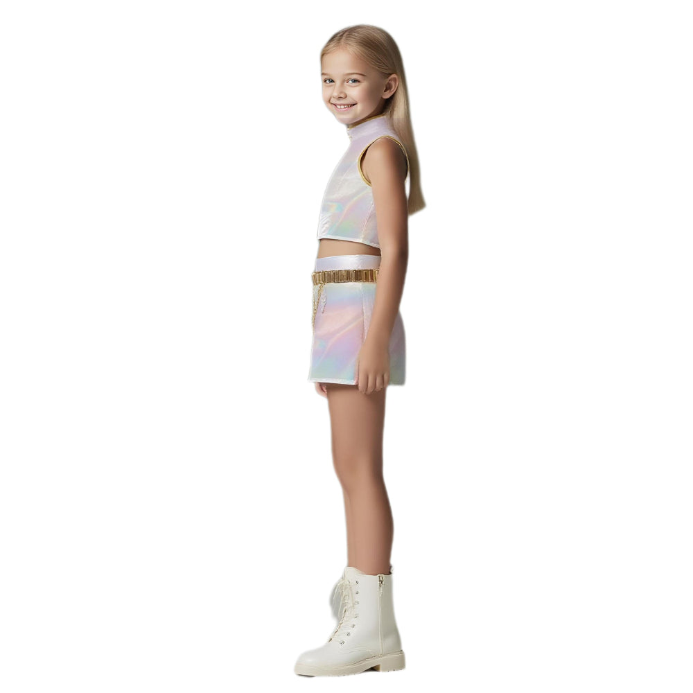 Costume de danse enfant brillant en cuir PU blanc