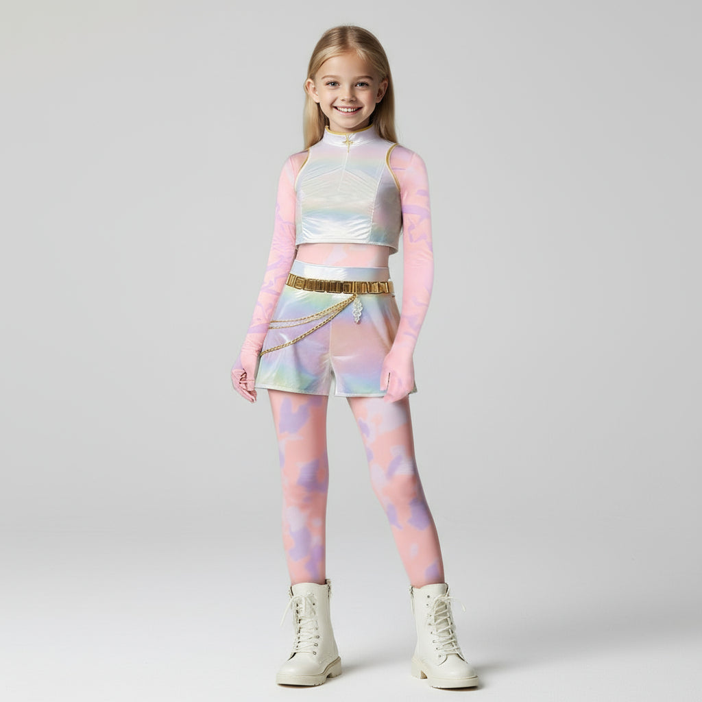 Costume de danse enfant brillant en cuir PU blanc