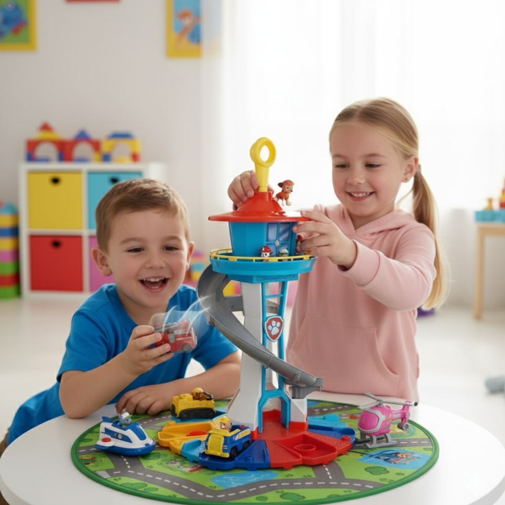 Children's toy play tower with slide vehicles plastic set