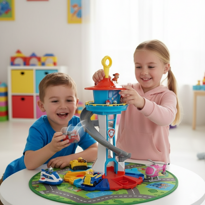 Children's toy play tower with slide vehicles plastic set