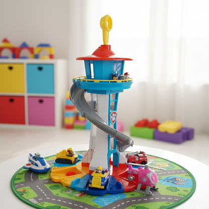 Children's toy play tower with slide vehicles plastic set