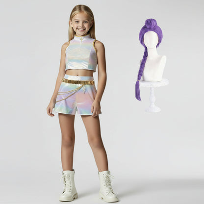 Costume de danse enfant brillant en cuir PU blanc