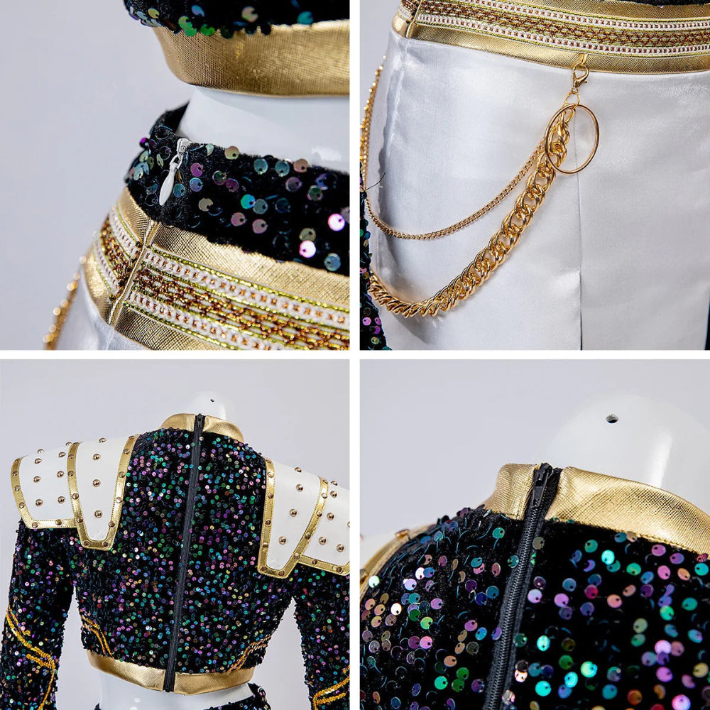 Costume de danse pailleté pour filles, noir et or, set