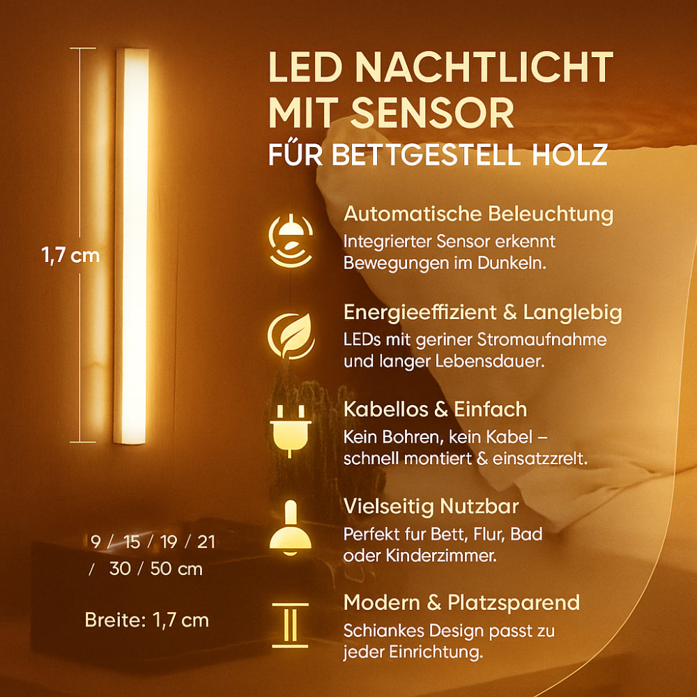 LED Nachtlicht mit Sensor für Bettgestell Holz