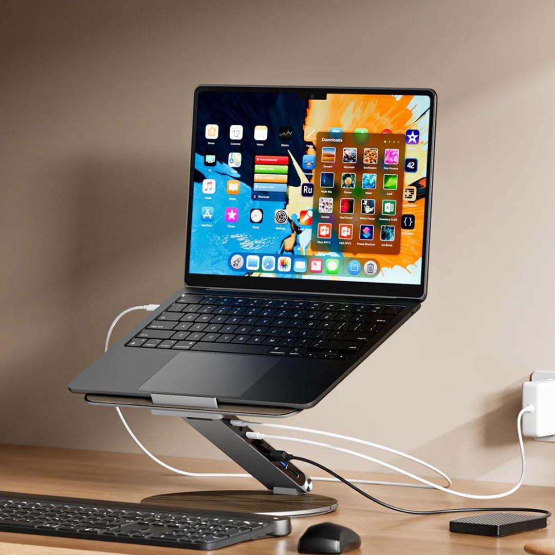 Soporte para portátil con hub USB C giratorio y estación de acoplamiento
