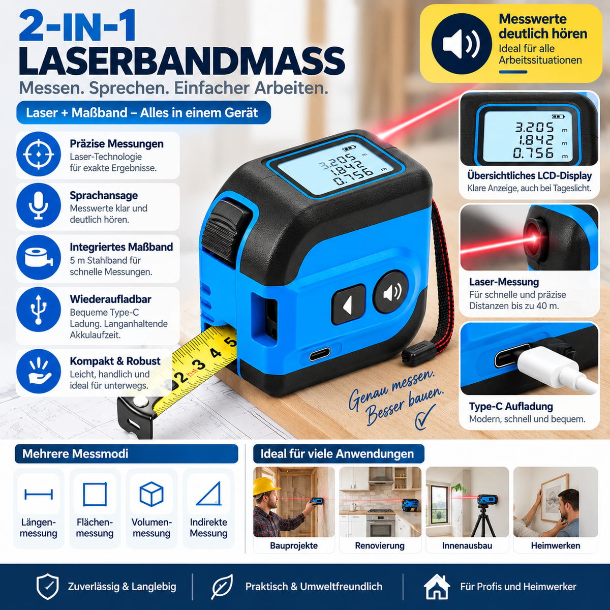 Laserbandmaß Mit Sprachansage Wiederaufladbar Bauprojekte