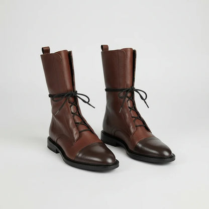 Damen Stiefeletten Schnürstiefel aus Leder mit Niedrigem Absatz