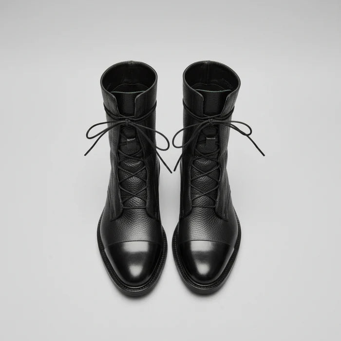 Damen Stiefeletten Schnürstiefel aus Leder mit Niedrigem Absatz