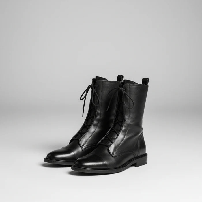 Damen Stiefeletten Schnürstiefel aus Leder mit Niedrigem Absatz