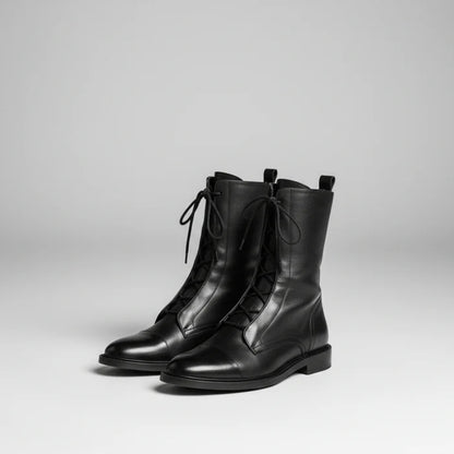 Damen Stiefeletten Schnürstiefel aus Leder mit Niedrigem Absatz