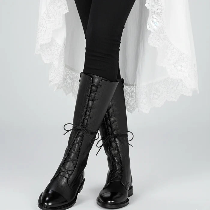 Damen Stiefeletten Schnürstiefel aus Leder mit Niedrigem Absatz