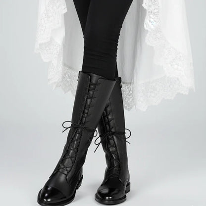 Damen Stiefeletten Schnürstiefel aus Leder mit Niedrigem Absatz