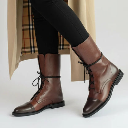 Damen Stiefeletten Schnürstiefel aus Leder mit Niedrigem Absatz