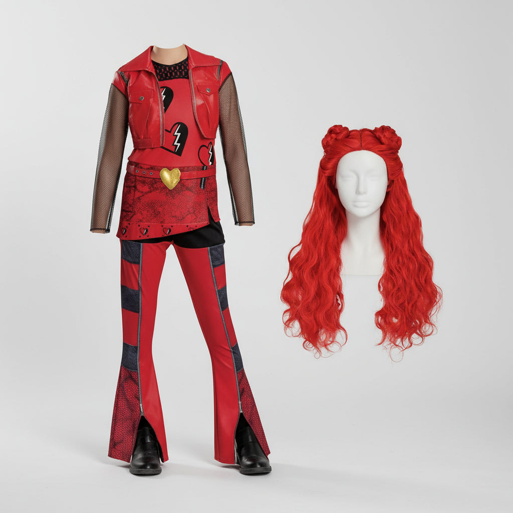 Set costume da bambina con giacca e pantaloni rossi e neri per Halloween e carnevale