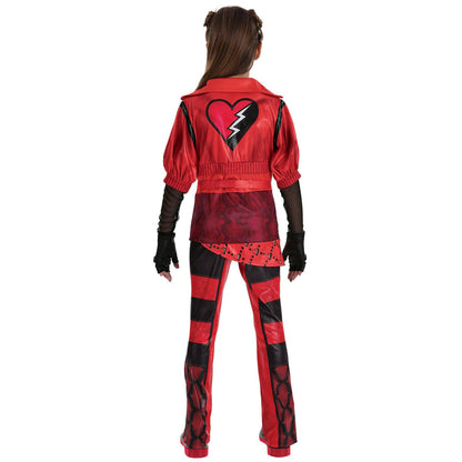 Set costume da bambina con giacca e pantaloni rossi e neri per Halloween e carnevale