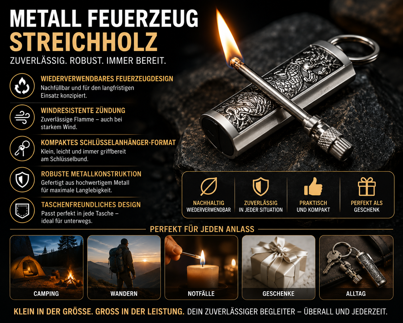 Accendino da esterno impermeabile in metallo tipo fiammifero