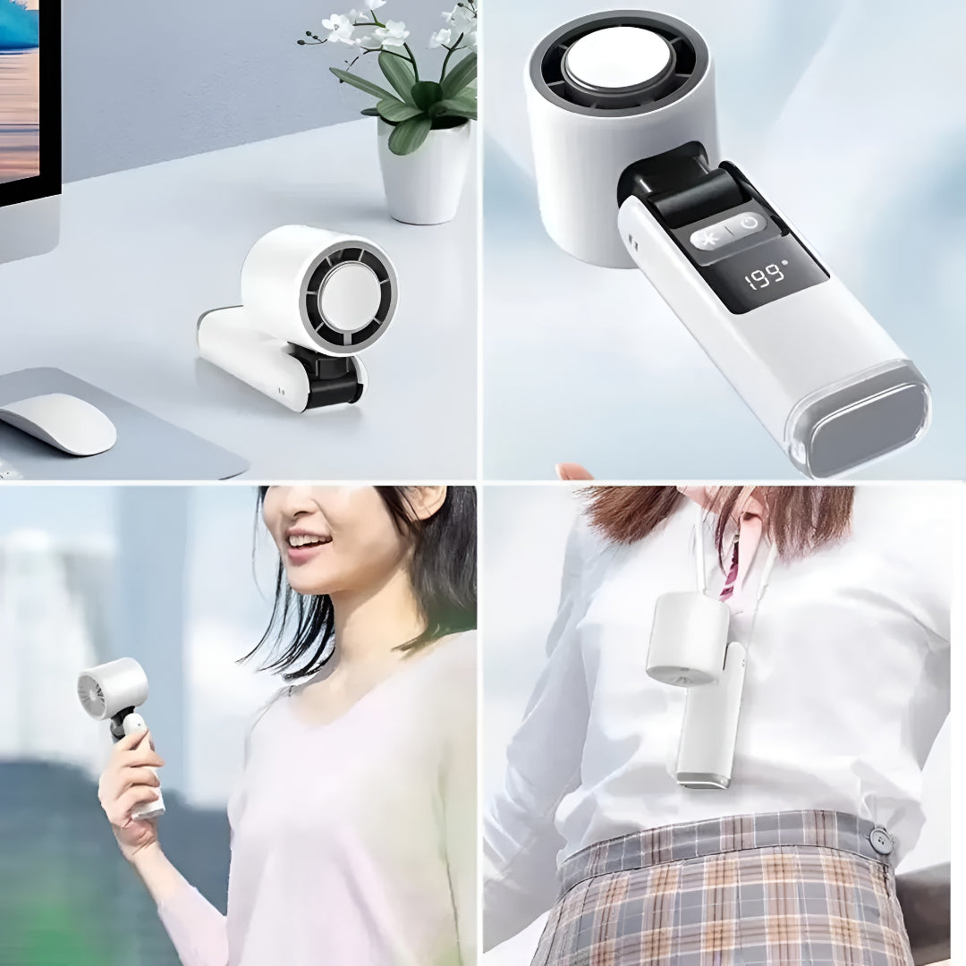 Ventilador de mano portátil recargable por USB con pantalla y placa de enfriamiento