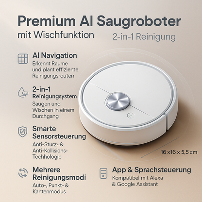 Premium AI Saugroboter mit Wischfunktion 2-in-1 Reinigung