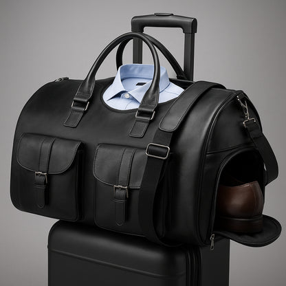 Leather travel bag weekender 3-in-1 with garment bag
