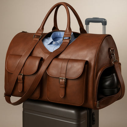Leather travel bag weekender 3-in-1 with garment bag