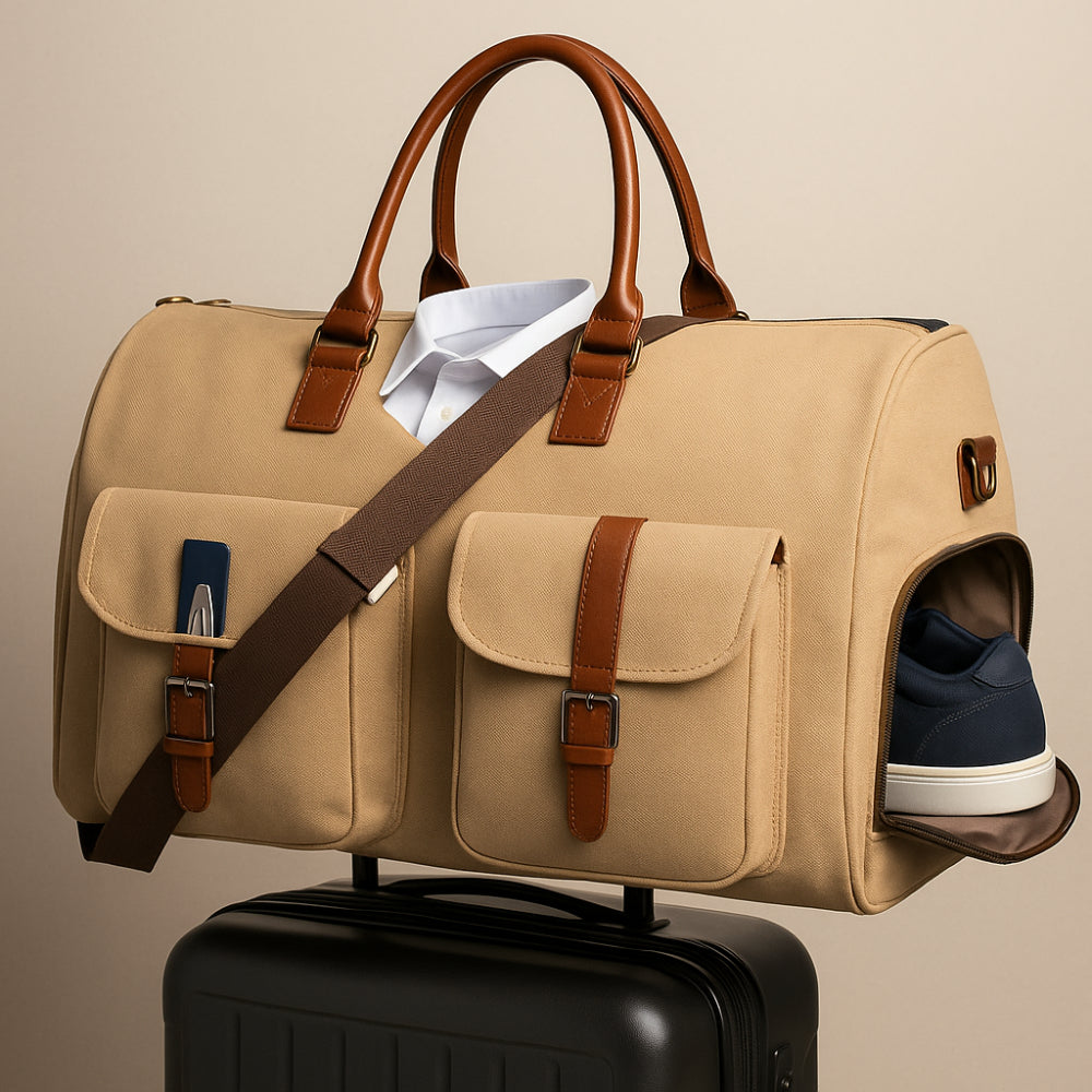 Leather travel bag weekender 3-in-1 with garment bag