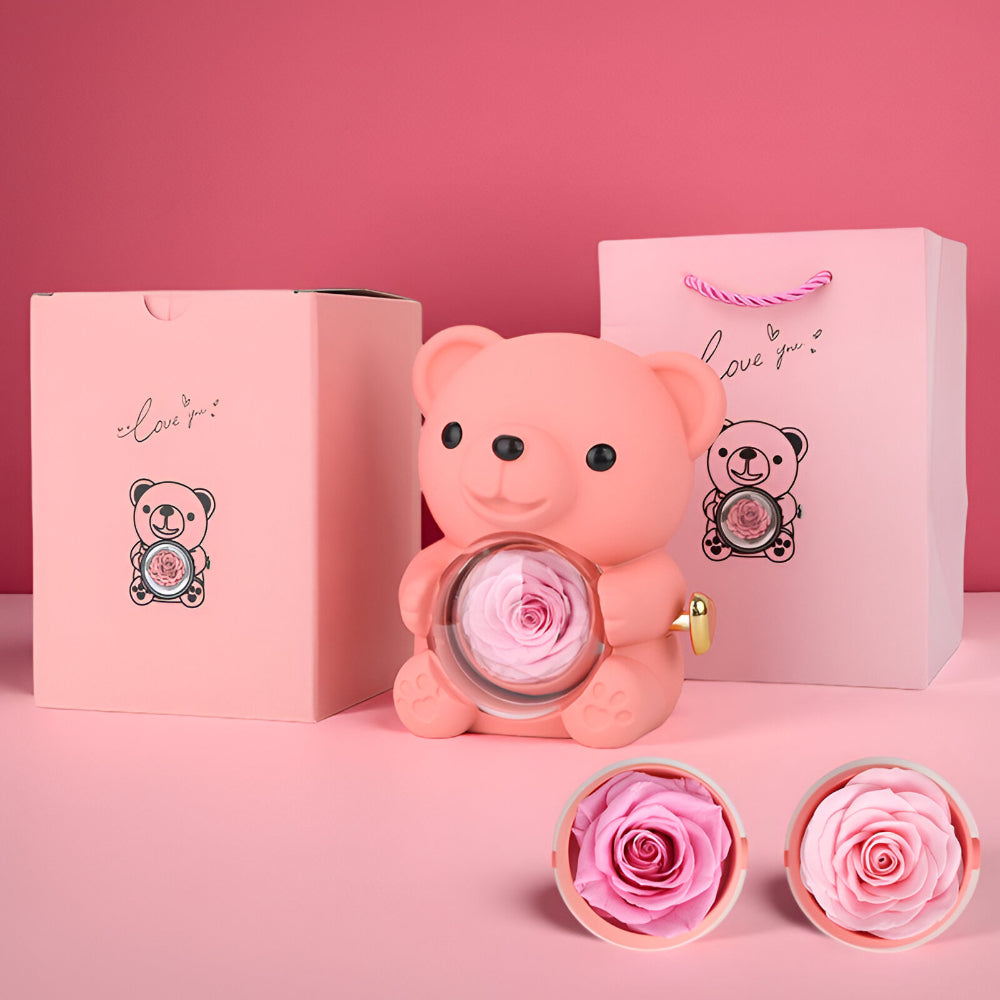 Geschenk Teddybär Konservierte Rose Schmuck Überraschung