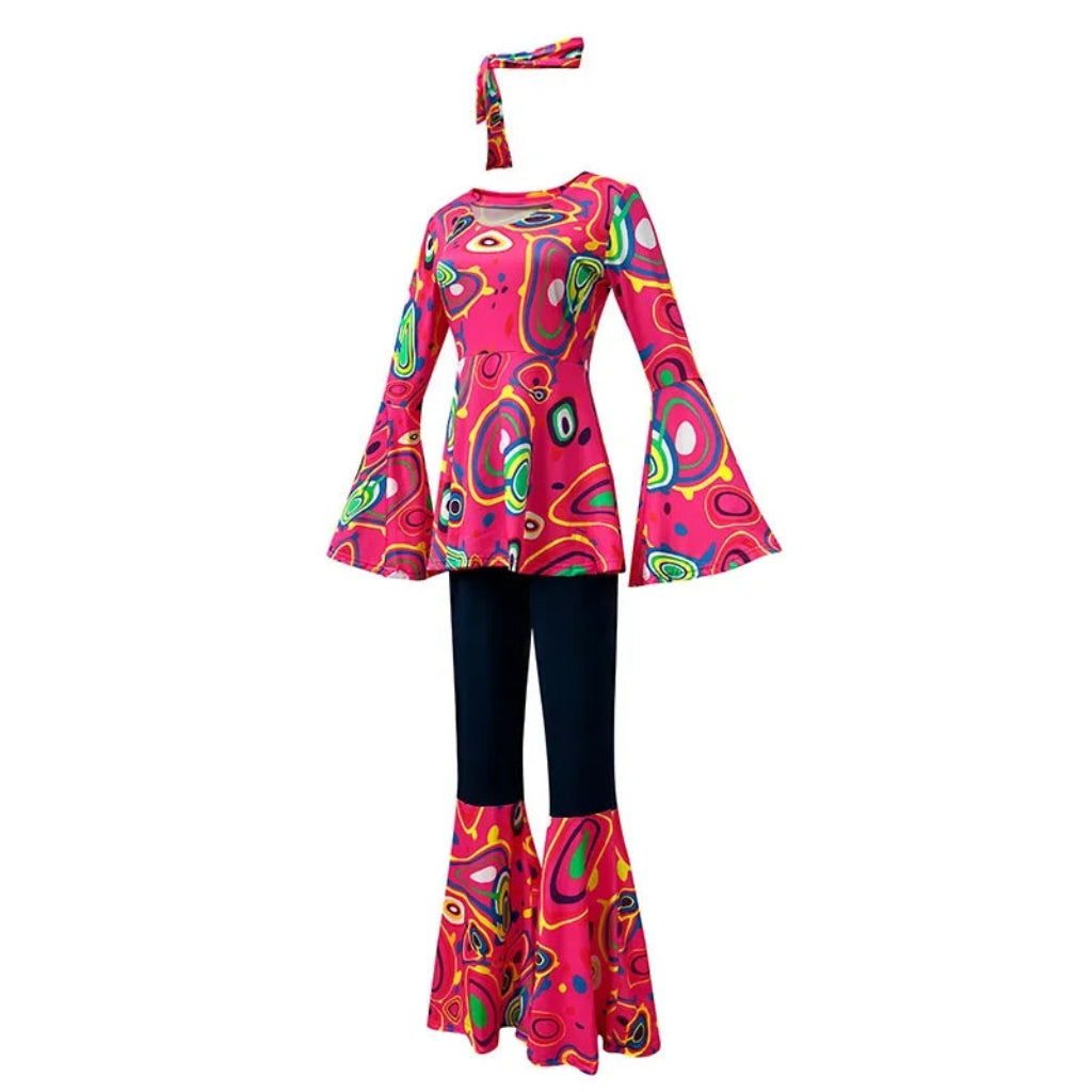 Costume Halloween Hippie Rétro Pantalon Évasé Femme Ensemble