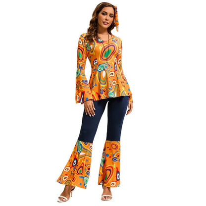 Costume Halloween Hippie Rétro Pantalon Évasé Femme Ensemble