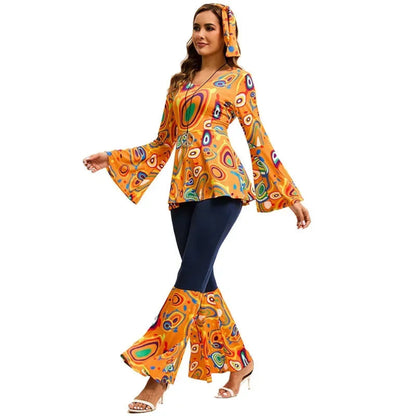 Costume Halloween Hippie Rétro Pantalon Évasé Femme Ensemble