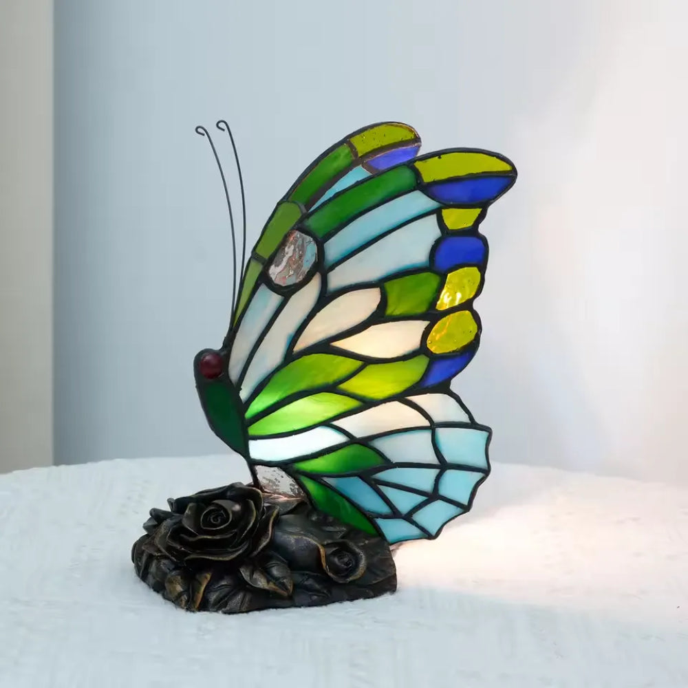 Vintage Tischlampe Buntglas Schmetterling Nachttischlampe