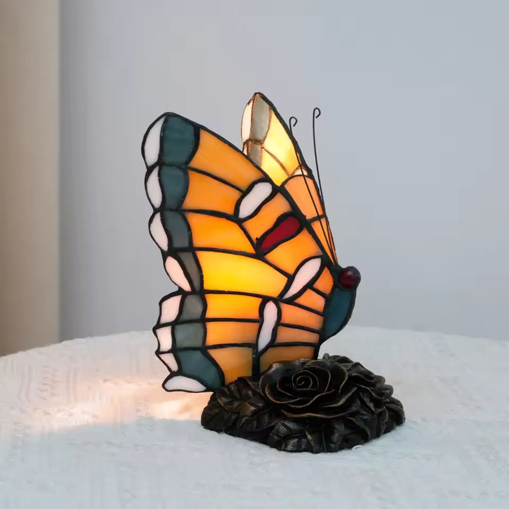 Vintage Tischlampe Buntglas Schmetterling Nachttischlampe