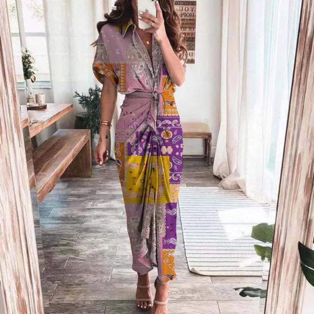 Vestito Estivo Donna Asimmetrico Vita Alta Maniche Corte