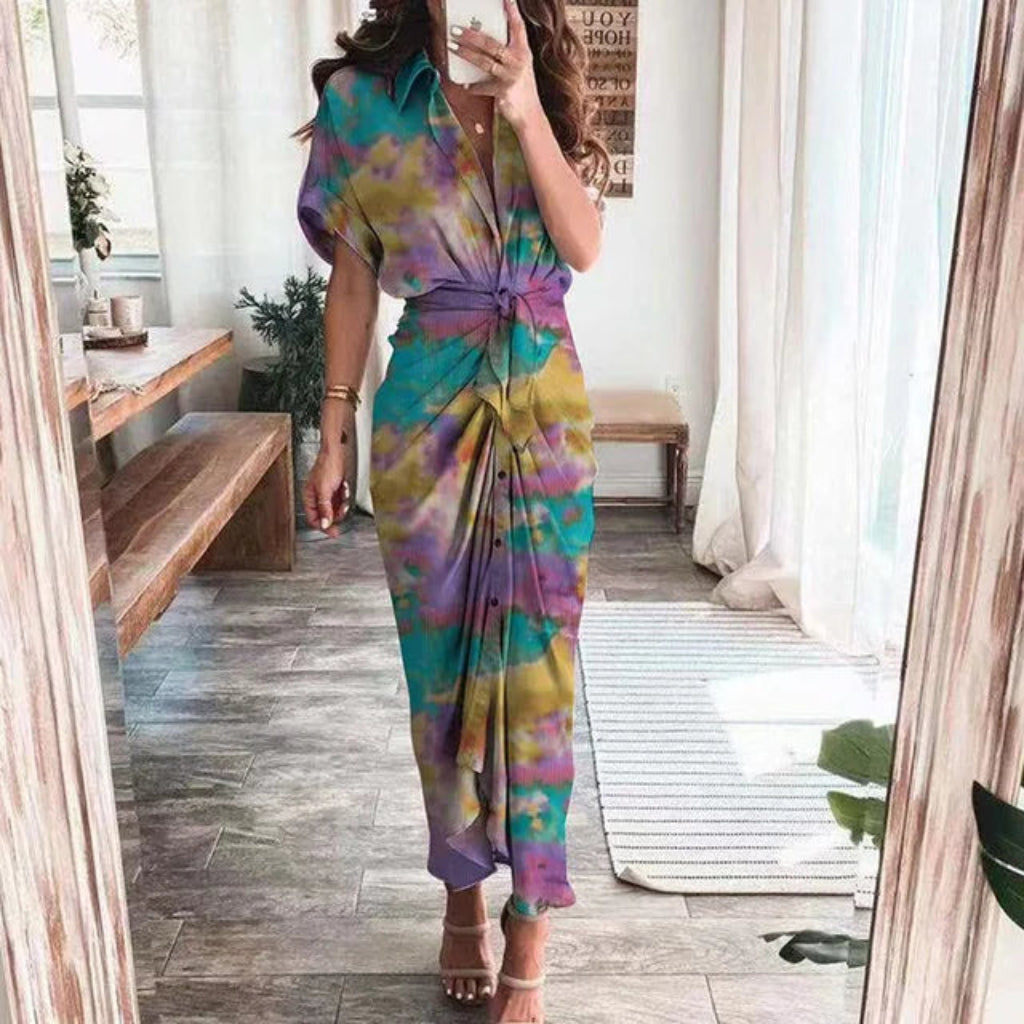 Vestito Estivo Donna Asimmetrico Vita Alta Maniche Corte