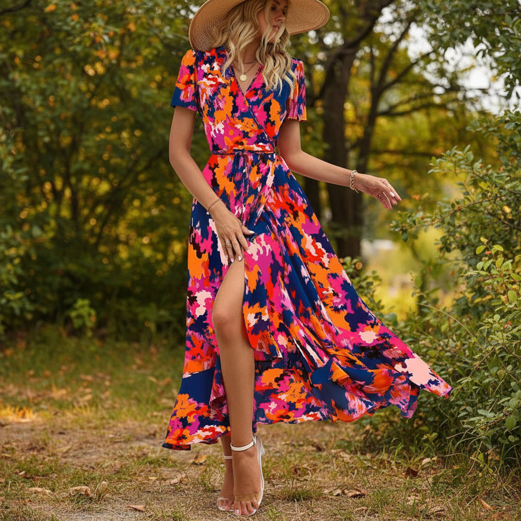 Womens Summer Dress Boho V-Neck Slit Beach Maxi Dress