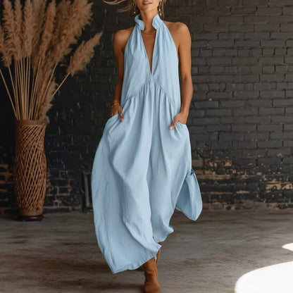 Vestido Mujer Midi Sin Mangas Escote Profundo Elegante