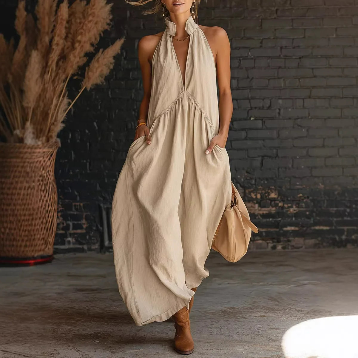 Vestido Mujer Midi Sin Mangas Escote Profundo Elegante
