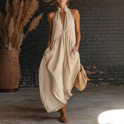 Vestido Mujer Midi Sin Mangas Escote Profundo Elegante