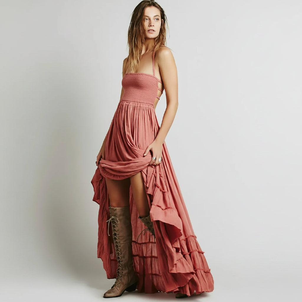 Vestito Estivo Donna Maxi Schiena Scoperta Boho Spiaggia Lungo