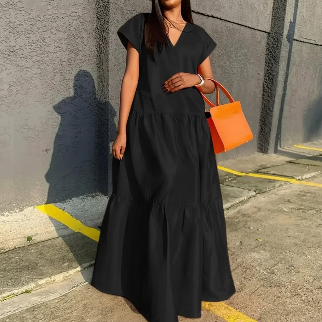 Damen Sommerkleid Locker V-Ausschnitt Saum Maxi Freizeitkleid