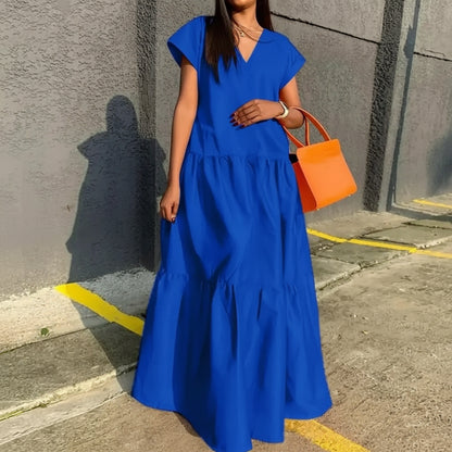 Damen Sommerkleid Locker V-Ausschnitt Saum Maxi Freizeitkleid