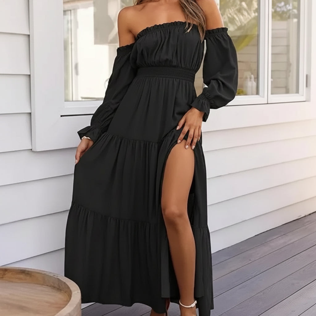 Vestido Verano Mujer Midi Hombros Descubiertos Manga Larga Volantes